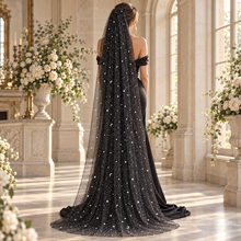 Load image into Gallery viewer, Black Celestial Wedding Veil | Glitter Silver Stars | Handmade Bridal Veil UK