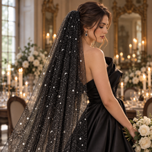 Load image into Gallery viewer, Black Celestial Wedding Veil | Glitter Silver Stars | Handmade Bridal Veil UK