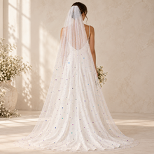 Load image into Gallery viewer, Multicoloured Celestial Wedding Veil – Stars & Moons Bridal Veil in Custom Colours