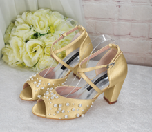 Load image into Gallery viewer, Pearl Detail Satin Bridal Sandals with Block Heels