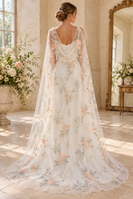 Load image into Gallery viewer, Champagne Floral Embroidered Bridal Cape | Shoulder Veil