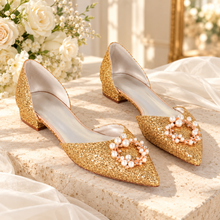 Load image into Gallery viewer, Champagne Gold Glitter Bridal Flats | Pointed Toe Wedding Shoes with Pearl & Crystal Detail