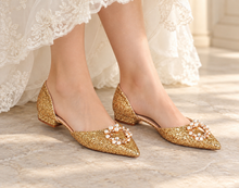 Load image into Gallery viewer, Champagne Gold Glitter Bridal Flats | Pointed Toe Wedding Shoes with Pearl & Crystal Detail
