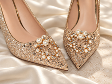 Load image into Gallery viewer, Champagne Gold Glitter Wedding Shoes with Pearl & Crystal Detail