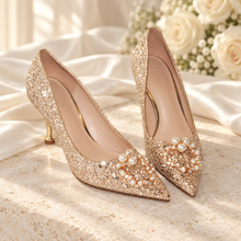 Load image into Gallery viewer, Champagne Gold Glitter Wedding Shoes with Pearl & Crystal Detail