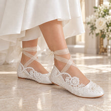 Load image into Gallery viewer, Lace Bridal Ballet Flats with Organza Ankle Ribbons