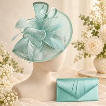 Load image into Gallery viewer, Mint Green Fascinator and Satin Clutch Bag Set | Wedding Guest Accessories