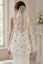 Load image into Gallery viewer, Gold Bee & Pastel Wildflower Embroidered Wedding Veil with Silver Comb