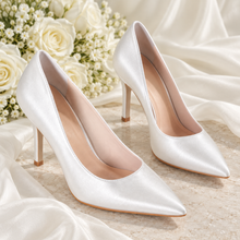 Load image into Gallery viewer, Classic Satin PointedClassic White Satin Bridal Court Shoes | Pointed Toe Heels