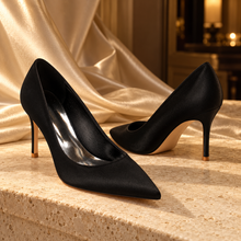 Load image into Gallery viewer, Black Satin Pointed Toe Stiletto Court Shoes | 8cm, 10cm, 12cm Heel
