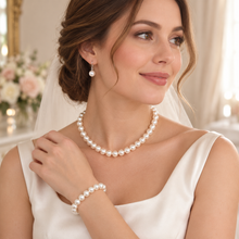 Load image into Gallery viewer, Classic 10 mm Pearl Bridal Jewellery Set – Necklace, Bracelet & Earrings