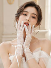 Load image into Gallery viewer, Pearl Tulle Bridal Gloves with Ribbon Ties