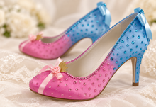 Load image into Gallery viewer, Aurora Inspired Satin Bridal Heels | Pink & Blue Crystal Wedding Shoes