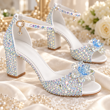 Load image into Gallery viewer, Crystal Bridal Sandals with Flower Detail & 8cm Block Heels