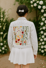 Load image into Gallery viewer, Custom Floral Bridal Jacket with Pearls, White Wedding Denim Jacket for Bride with Flower Embroidered Panel