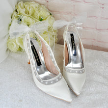 Load image into Gallery viewer, Ivory Satin Sling Backs - Bridal Shoes with Pearl Hearts and Organza Bow