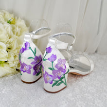 Load image into Gallery viewer, Ivory Satin Bridal Sandals with Blue Floral Embroidery
