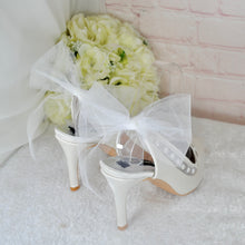 Load image into Gallery viewer, Ivory Satin Sling Backs - Bridal Shoes with Pearl Hearts and Organza Bow