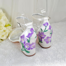 Load image into Gallery viewer, Ivory Satin Bridal Sandals with Blue Floral Embroidery