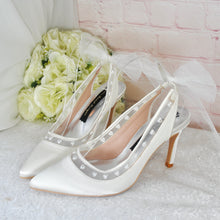 Load image into Gallery viewer, Ivory Satin Sling Backs - Bridal Shoes with Pearl Hearts and Organza Bow