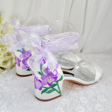 Load image into Gallery viewer, Ivory Satin Bridal Sandals with Blue Floral Embroidery
