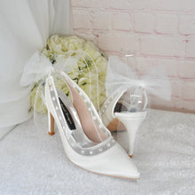 Load image into Gallery viewer, Ivory Satin Sling Backs - Bridal Shoes with Pearl Hearts and Organza Bow
