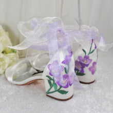 Load image into Gallery viewer, Ivory Satin Bridal Sandals with Blue Floral Embroidery