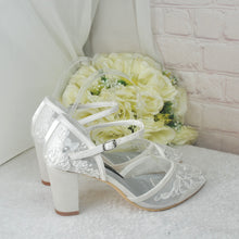 Load image into Gallery viewer, Ivory Block Heel or Low Kitten Heel Wedding Shoes with Floral Lace Appliqué