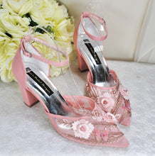 Load image into Gallery viewer, Blush Pink with Rose Gold Butterfly Block Heels