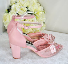 Load image into Gallery viewer, Blush Pink with Rose Gold Butterfly Block Heels