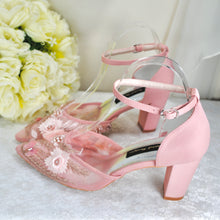 Load image into Gallery viewer, Blush Pink with Rose Gold Butterfly Block Heels