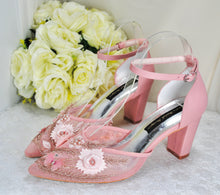 Load image into Gallery viewer, Blush Pink with Rose Gold Butterfly Block Heels