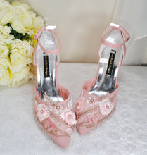 Load image into Gallery viewer, Blush Pink with Rose Gold Butterfly Block Heels