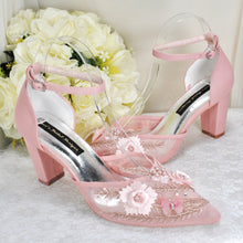 Load image into Gallery viewer, Blush Pink with Rose Gold Butterfly Block Heels