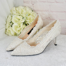 Load image into Gallery viewer, Beautiful Bridal White, Lace Embroidered Shoes, Shoes for Bride, Custom Womens Shoes