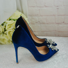 Load image into Gallery viewer, Winter Midnight Blue Velvet Bridal Shoes | Crystal Snowflake Heels