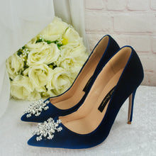 Load image into Gallery viewer, Winter Midnight Blue Velvet Bridal Shoes | Crystal Snowflake Heels
