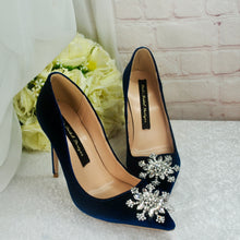 Load image into Gallery viewer, Winter Midnight Blue Velvet Bridal Shoes | Crystal Snowflake Heels