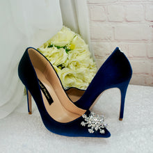Load image into Gallery viewer, Winter Midnight Blue Velvet Bridal Shoes | Crystal Snowflake Heels