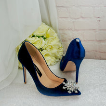 Load image into Gallery viewer, Winter Midnight Blue Velvet Bridal Shoes | Crystal Snowflake Heels