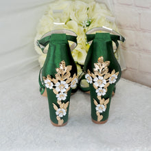 Load image into Gallery viewer, Blue Satin Cherry Blossom Block Heels