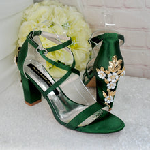 Load image into Gallery viewer, Blue Satin Cherry Blossom Block Heels