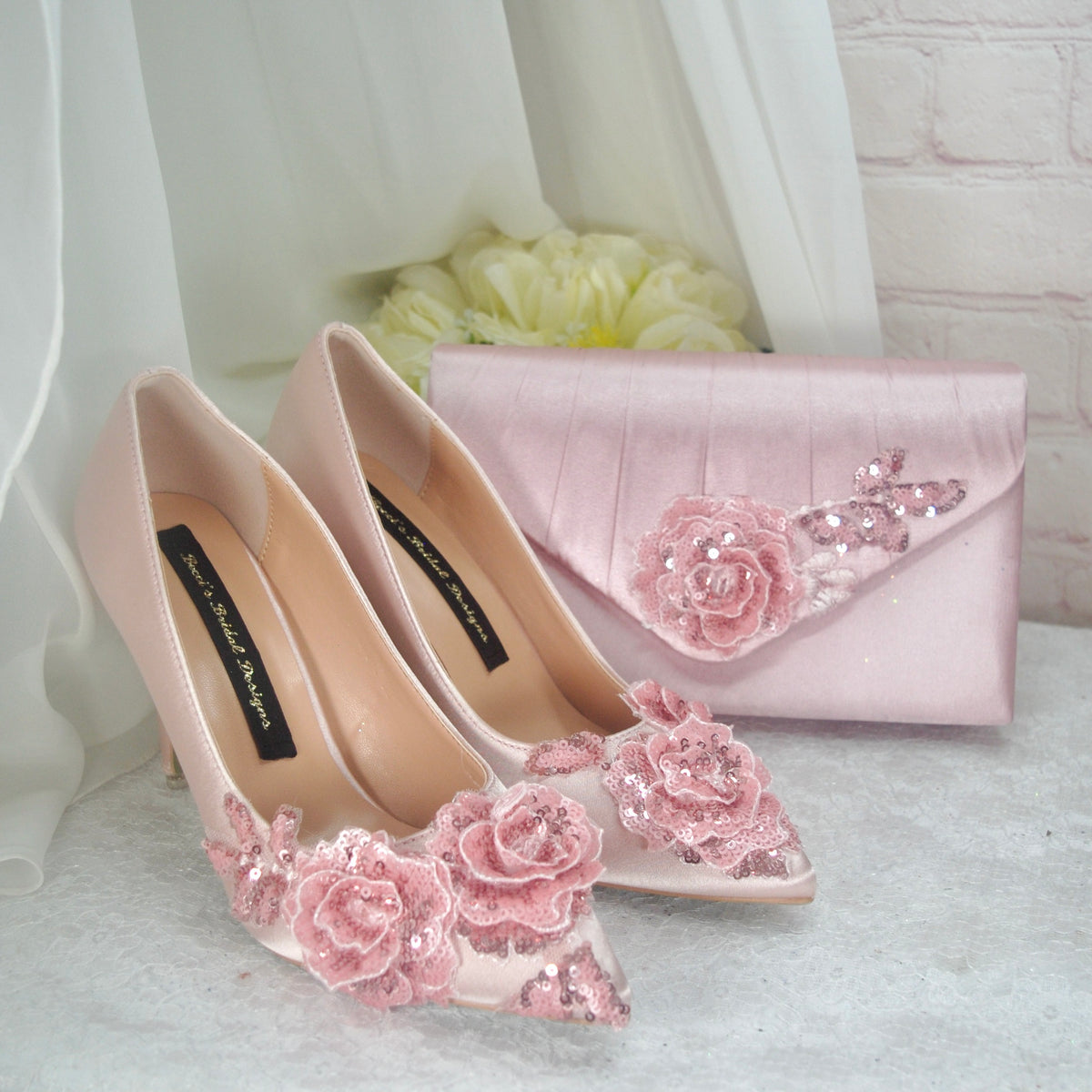 Blush Pink Sparkling Flora Embroidery Heels with Fascinator Hat