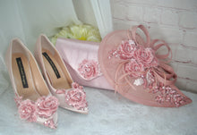 Load image into Gallery viewer, Blush Pink Sparkling Flora Embroidery Heels with Fascinator Hat and Clutch Bag. Matching Bridal Set