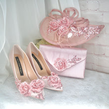 Load image into Gallery viewer, Blush Pink Sparkling Flora Embroidery Heels with Fascinator Hat and Clutch Bag. Matching Bridal Set