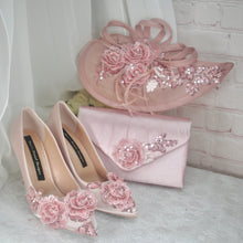 Load image into Gallery viewer, Blush Pink Sparkling Flora Embroidery Heels with Fascinator Hat and Clutch Bag. Matching Bridal Set