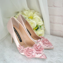Load image into Gallery viewer, Blush Pink Sparkling Flora Embroidery Heels with Fascinator Hat and Clutch Bag. Matching Bridal Set