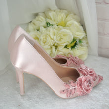 Load image into Gallery viewer, Blush Pink Sparkling Flora Embroidery Heels with Fascinator Hat and Clutch Bag. Matching Bridal Set