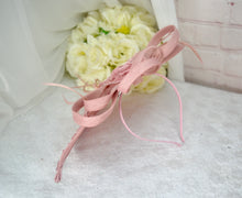 Load image into Gallery viewer, Blush Pink Sparkling Flora Embroidery Heels with Fascinator Hat and Clutch Bag. Matching Bridal Set