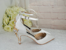 Load image into Gallery viewer, Ivory Satin Low Heel Bridal Sandals with Cherry Blossom